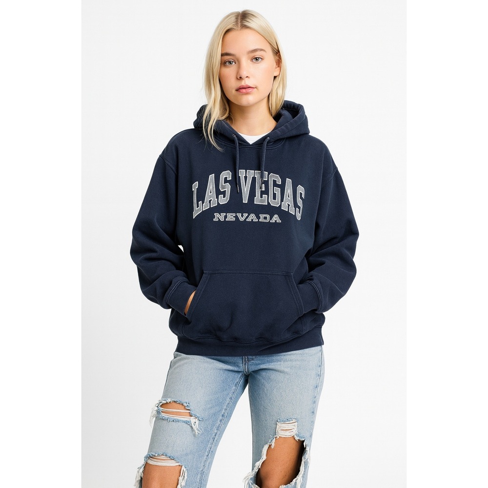 VTG Las Vegas Navy Hoodie Unisex Large Y2K Tourist Graphic Sweatshirt Pullover